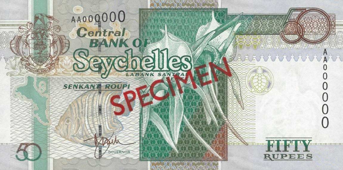 Front of Seychelles p38s: 50 Rupees from 1998