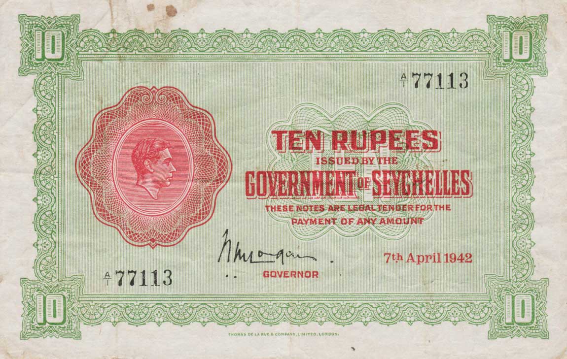 Front of Seychelles p9: 10 Rupees from 1942