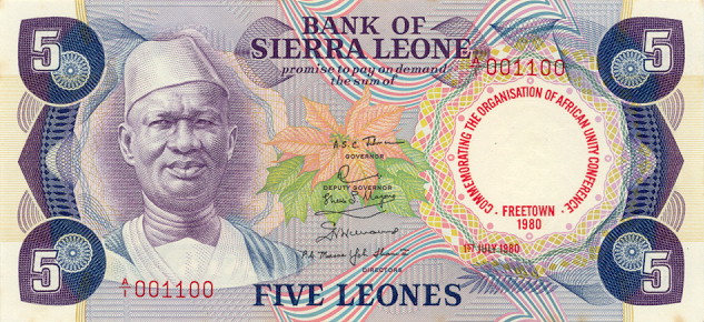 Front of Sierra Leone p12: 5 Leones from 1980