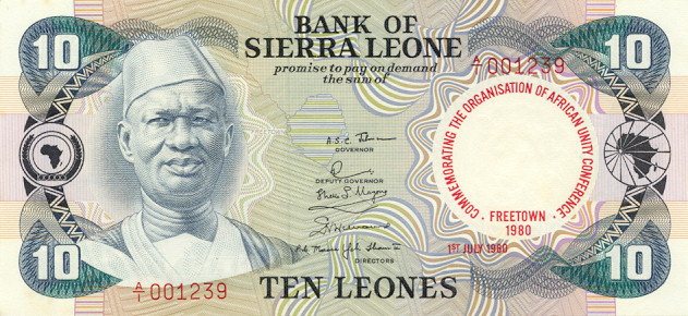 Front of Sierra Leone p13: 10 Leones from 1980