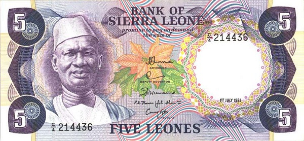 Front of Sierra Leone p7d: 5 Leones from 1981