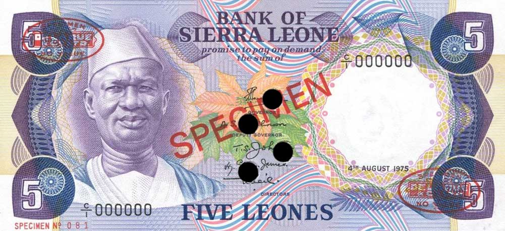 Front of Sierra Leone p7s: 5 Leones from 1975