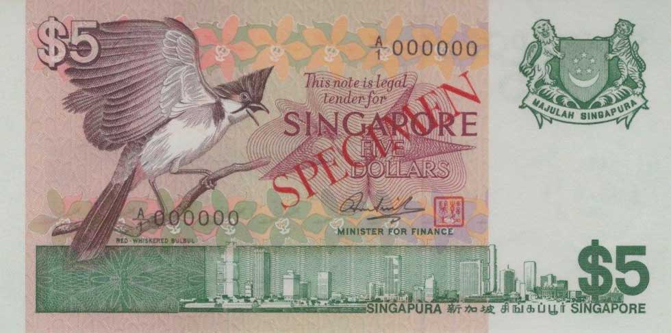 Front of Singapore p10s: 5 Dollars from 1976