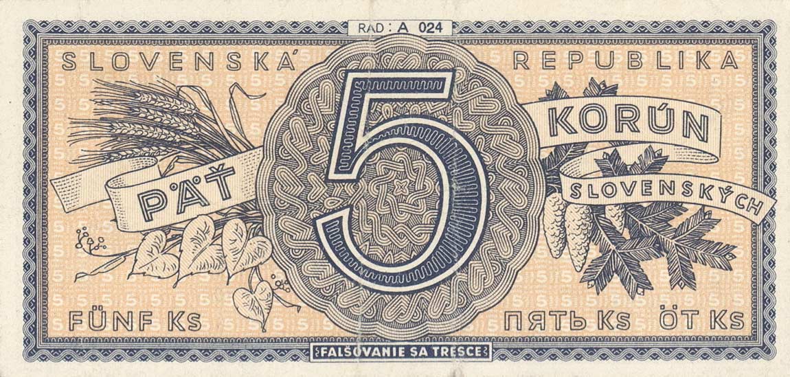 Back of Slovakia p8a: 5 Korun from 1945