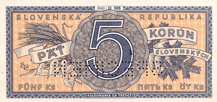 Back of Slovakia p8s: 5 Korun from 1945