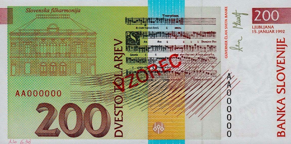 Back of Slovenia p15s: 200 Tolarjev from 1992