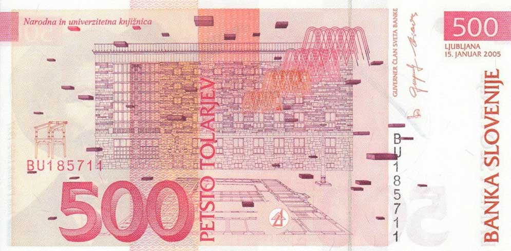 Back of Slovenia p16c: 500 Tolarjev from 2005