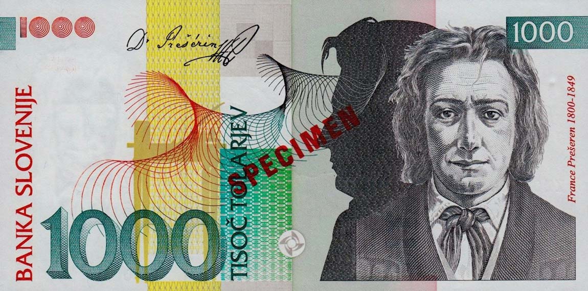 Front of Slovenia p18s: 1000 Tolarjev from 1993