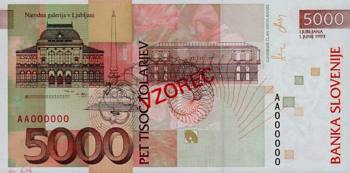 Back of Slovenia p19s: 5000 Tolarjev from 1993