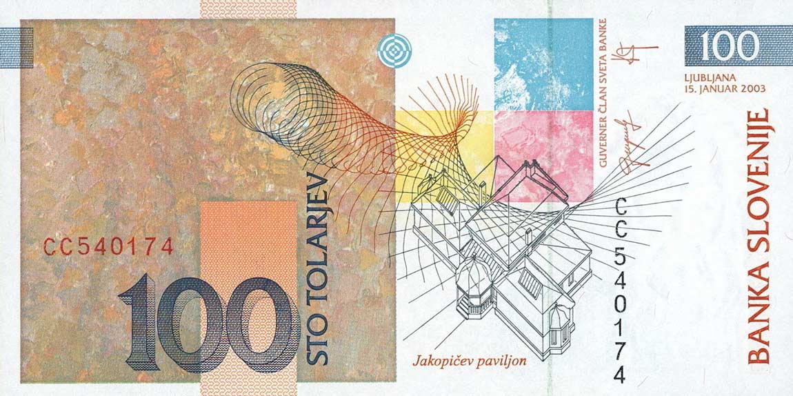 Back of Slovenia p28: 100 Tolarjev from 2003