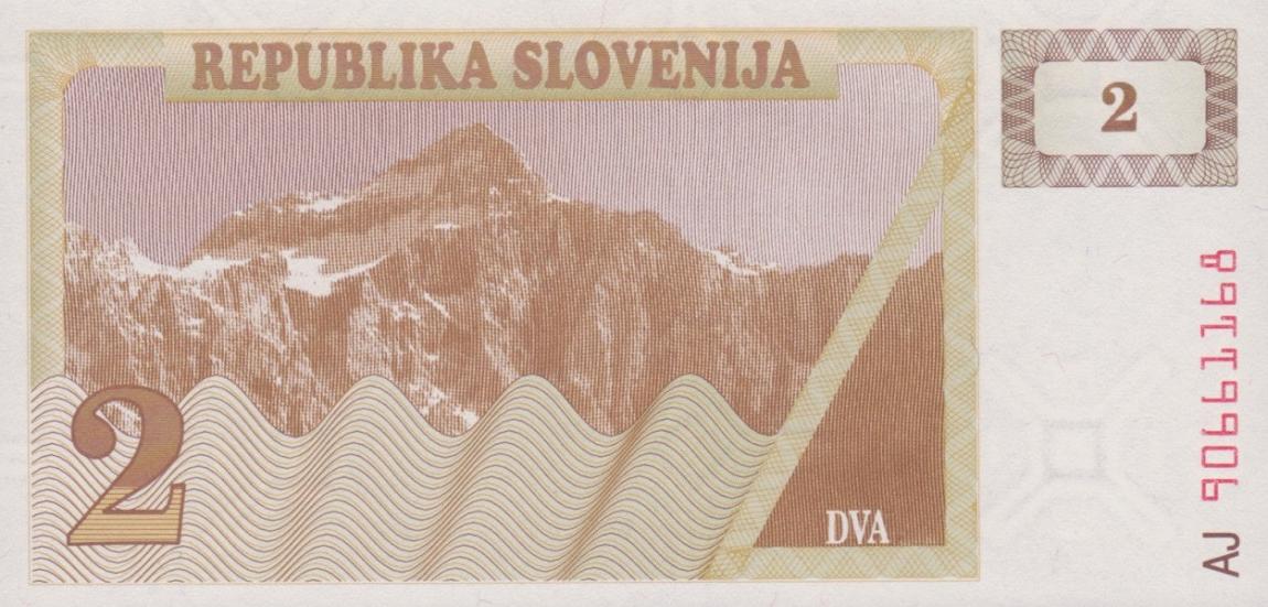 Back of Slovenia p2a: 2 Tolarjev from 1990