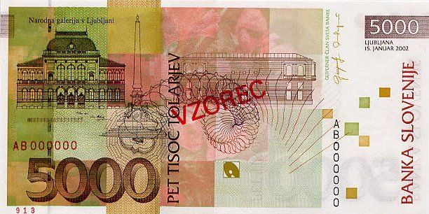 Back of Slovenia p33s: 5000 Tolarjev from 2002