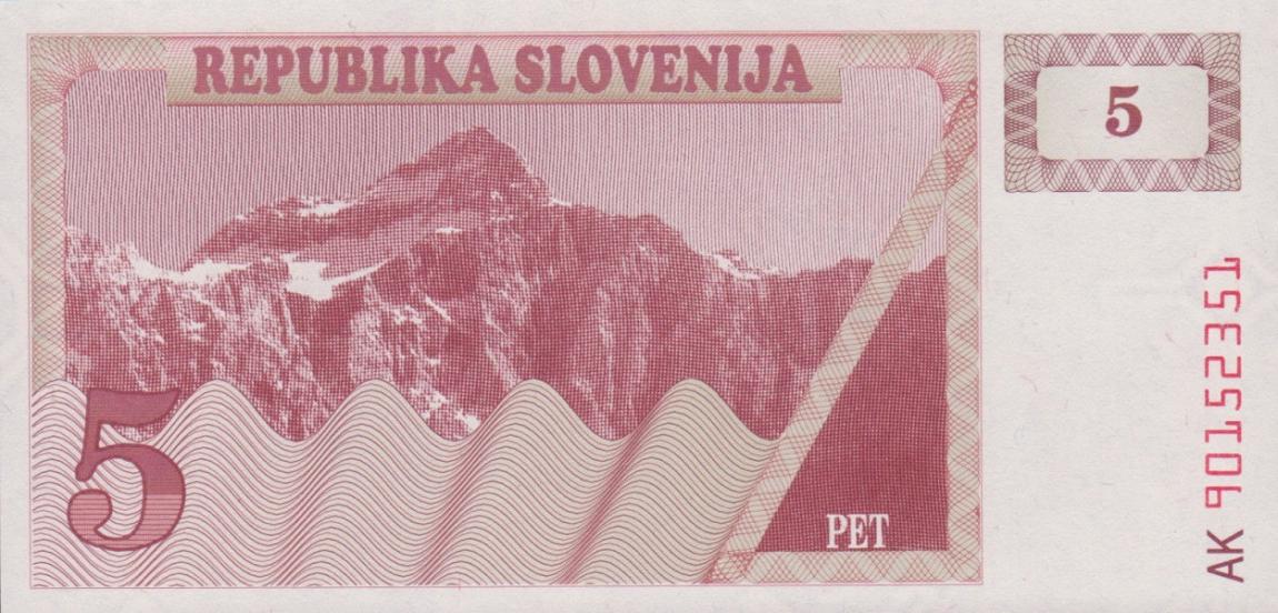 Back of Slovenia p3a: 5 Tolarjev from 1990