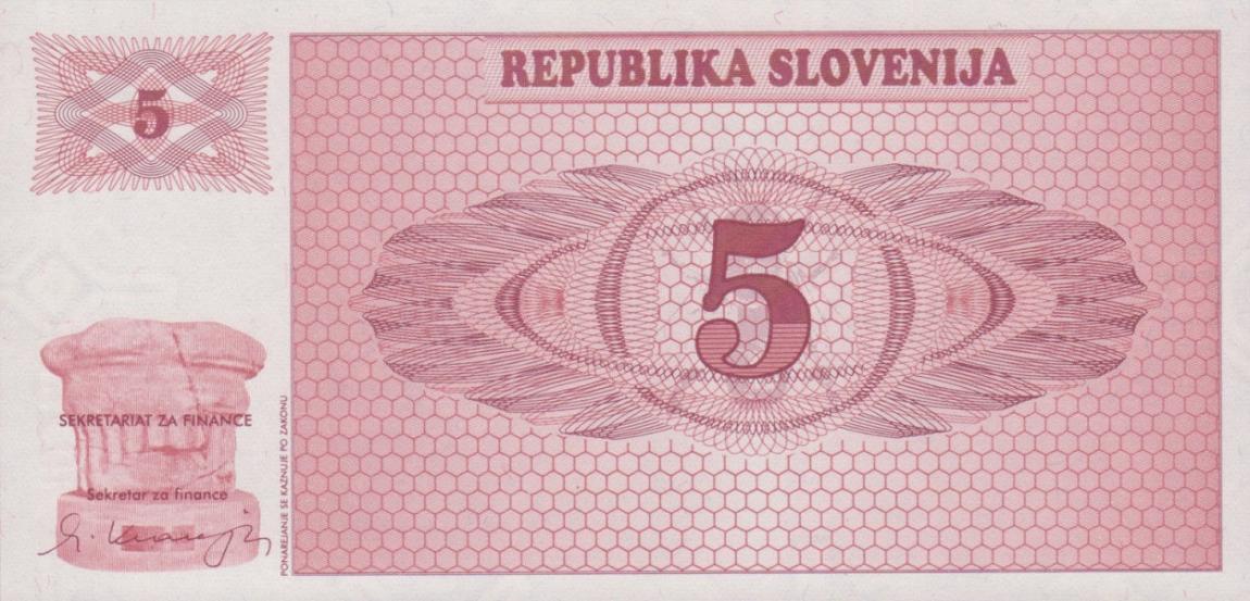 Front of Slovenia p3a: 5 Tolarjev from 1990