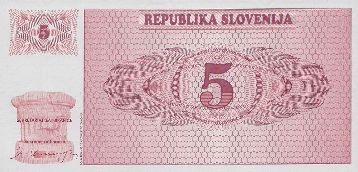 Front of Slovenia p3s1: 5 Tolarjev from 1990