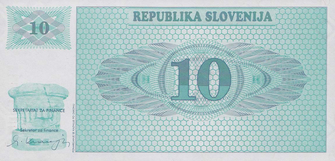 Front of Slovenia p4s1: 10 Tolarjev from 1990