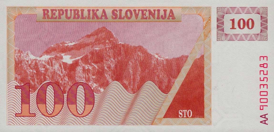 Back of Slovenia p6a: 100 Tolarjev from 1990