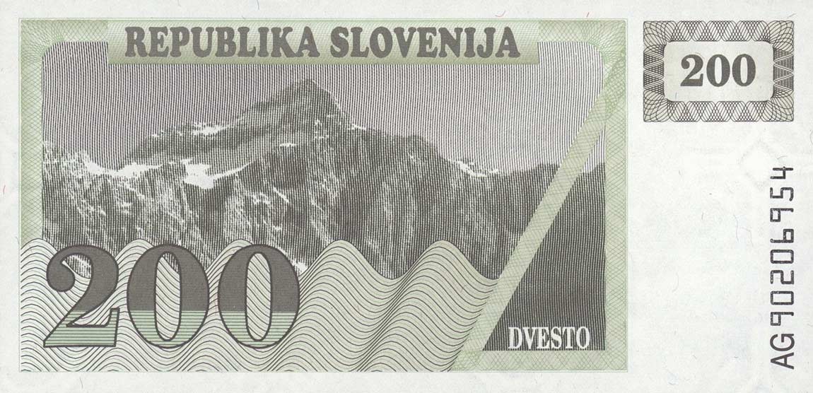 Back of Slovenia p7a: 200 Tolarjev from 1990