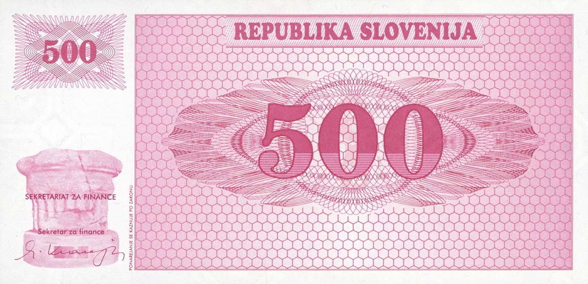 Front of Slovenia p8a: 500 Tolarjev from 1990