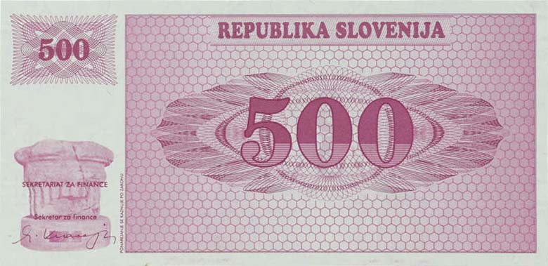 Front of Slovenia p8s1: 500 Tolarjev from 1990