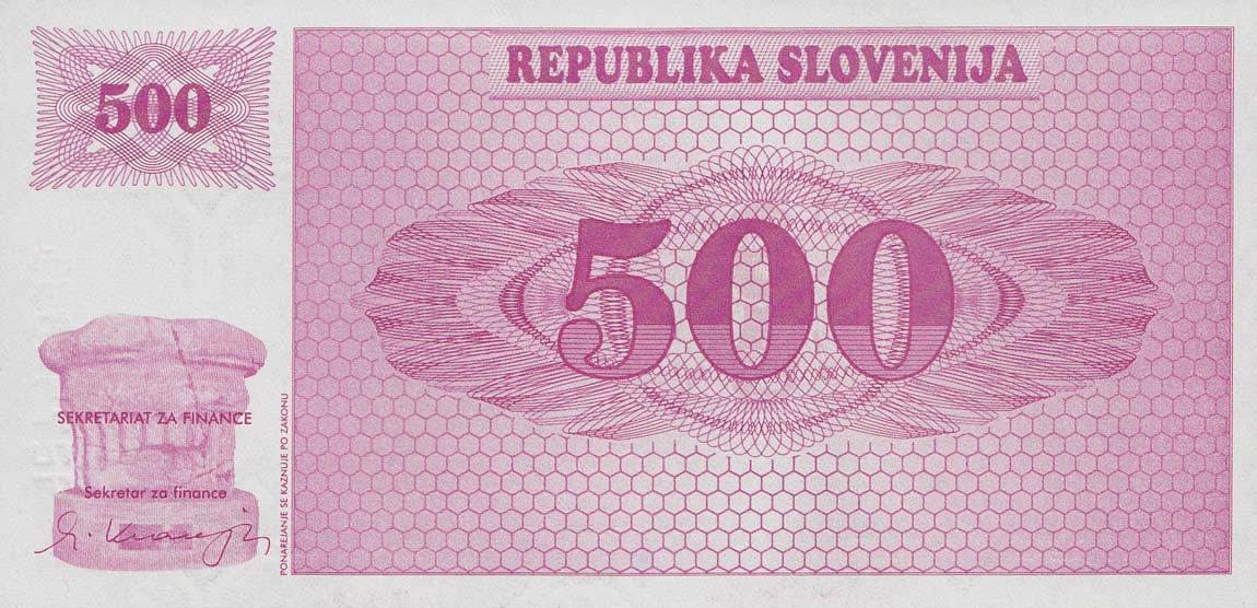 Front of Slovenia p8s2: 500 Tolarjev from 1992