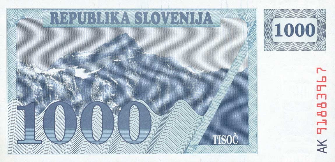 Back of Slovenia p9a: 1000 Tolarjev from 1991