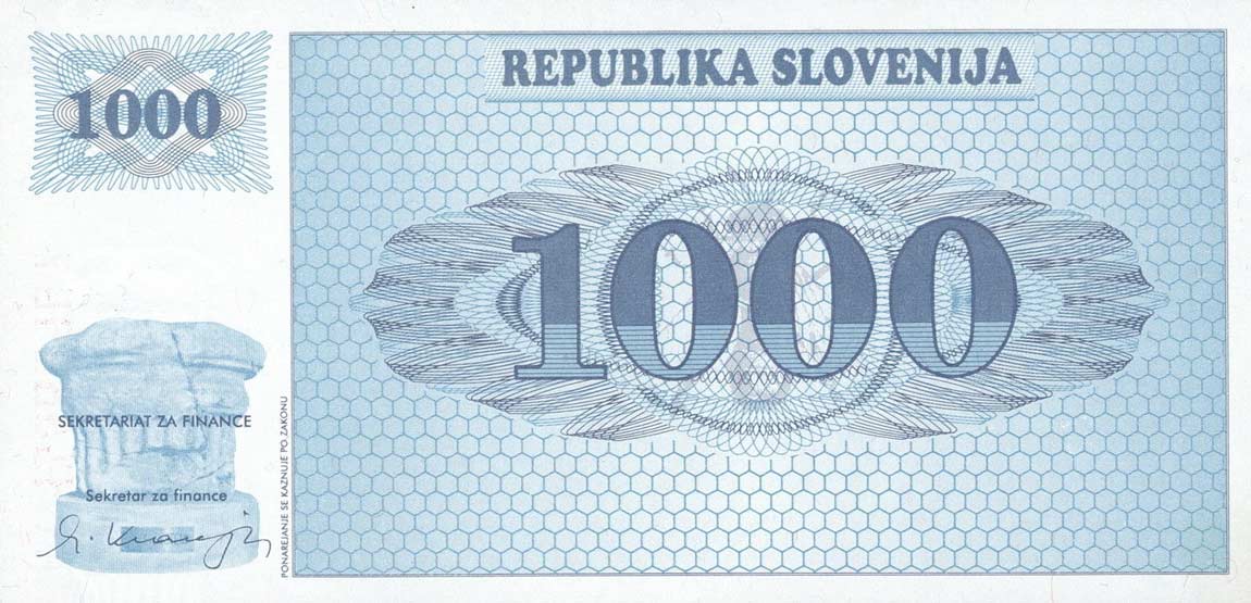 Front of Slovenia p9a: 1000 Tolarjev from 1991