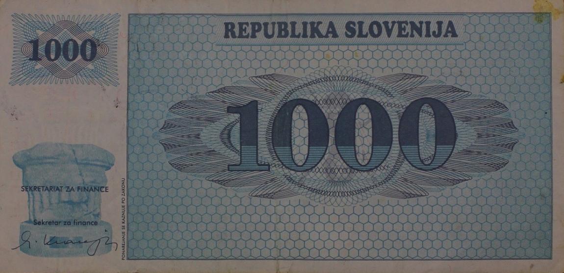 Front of Slovenia p9b: 1000 Tolarjev from 1992