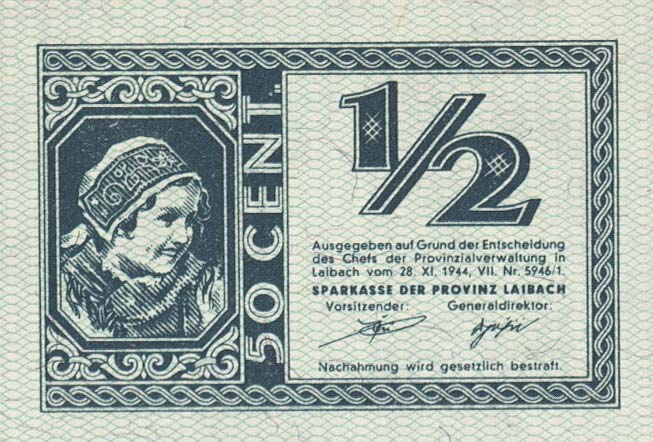 Back of Slovenia pR1: 0.5 Lire from 1944