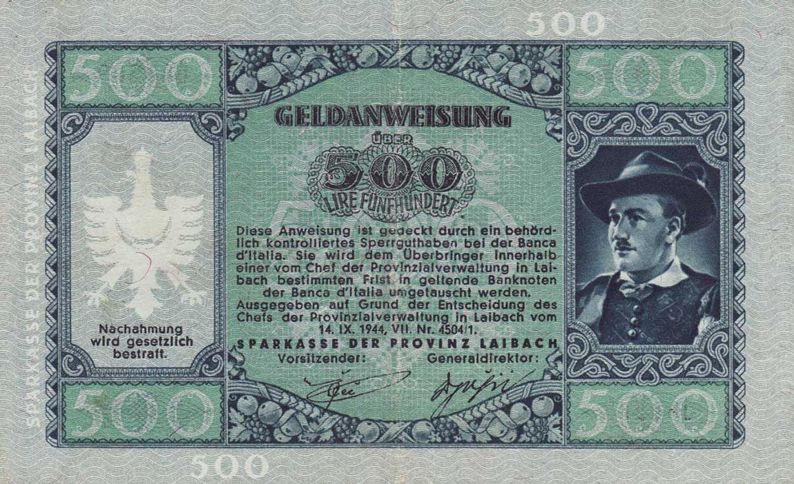 Back of Slovenia pR8: 500 Lire from 1944