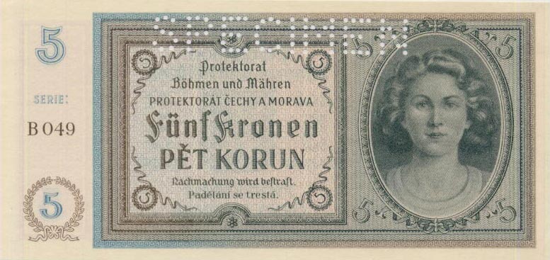 Front of Bohemia and Moravia p4s: 5 Korun from 1940