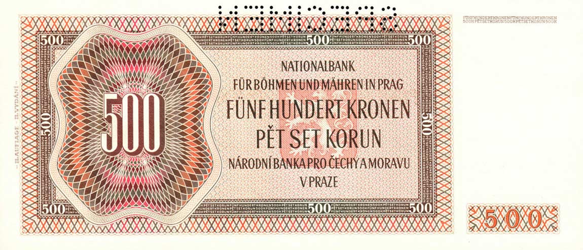 Back of Bohemia and Moravia p12s: 500 Korun from 1942