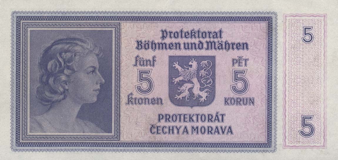 Back of Bohemia and Moravia p4a: 5 Korun from 1940