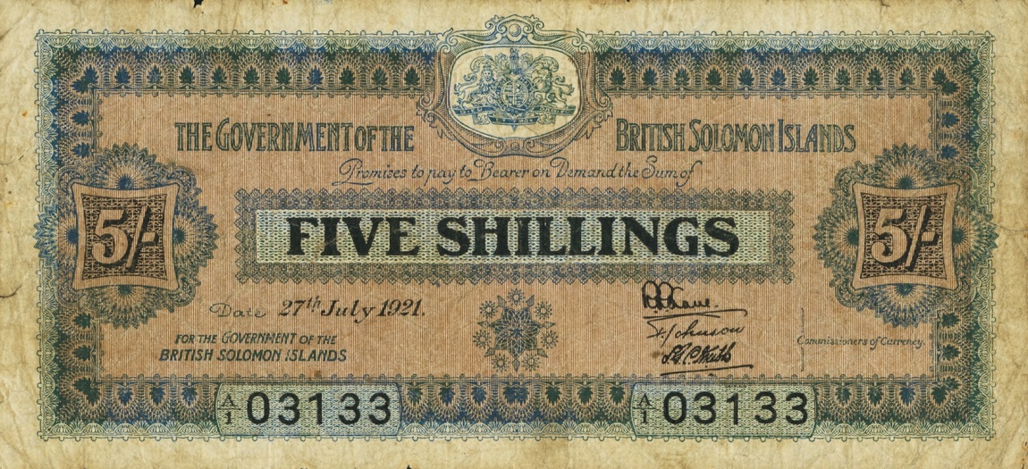 Front of Solomon Islands p1: 5 Shillings from 1916