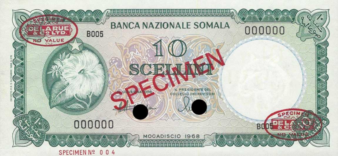 Front of Somalia p10s: 10 Scellini from 1968