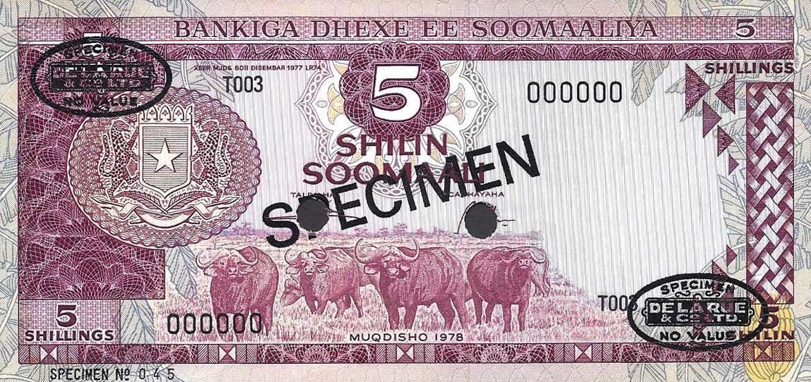 Front of Somalia p21s: 5 Shilin from 1978