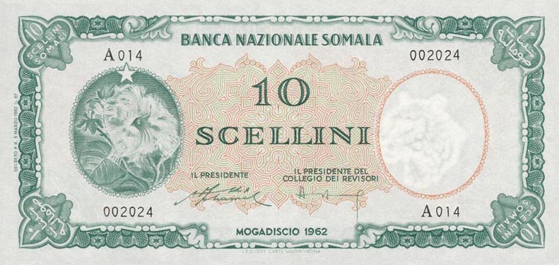 Front of Somalia p2a: 10 Scellini from 1962