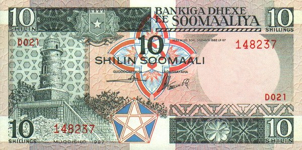 Front of Somalia p32c: 10 Shilin from 1987