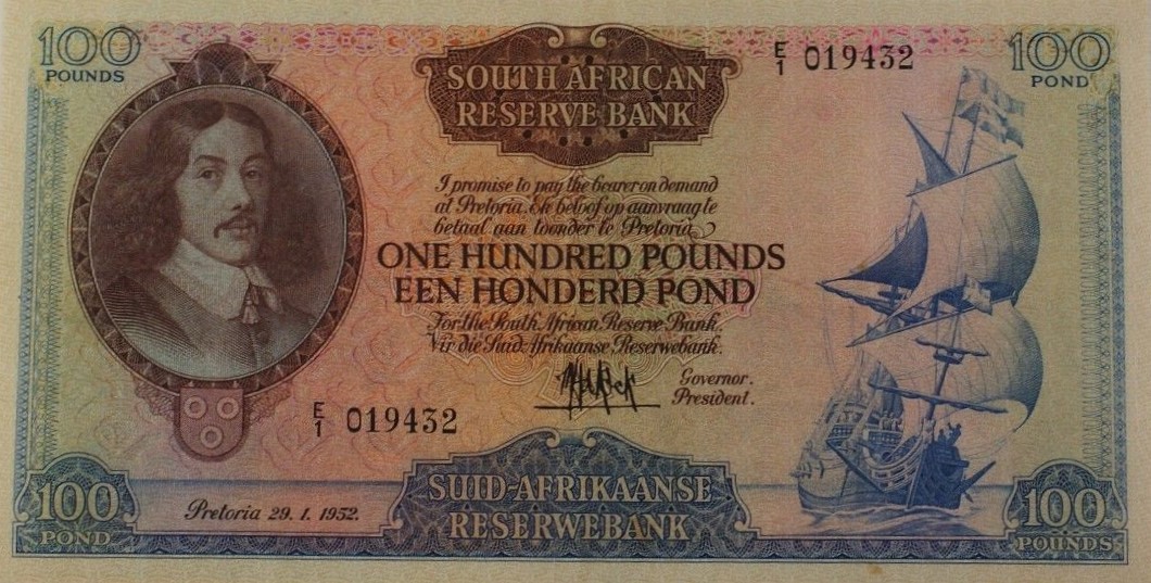 Front of South Africa p100a: 100 Pounds from 1952