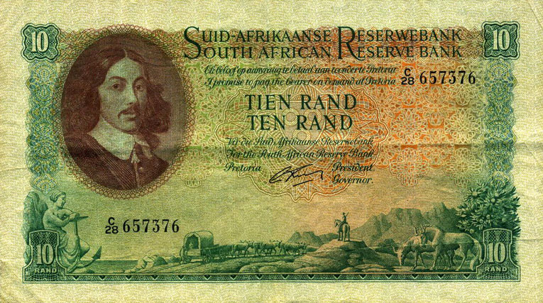 Front of South Africa p107b: 10 Rand from 1962