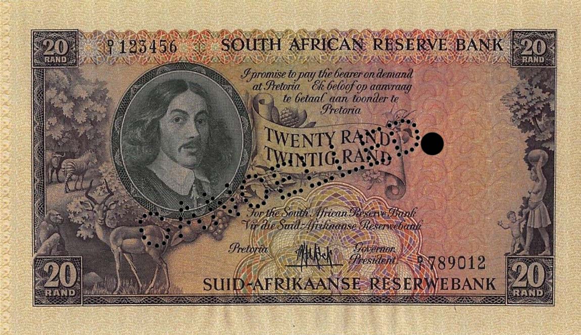 Front of South Africa p108s: 20 Rand from 1961