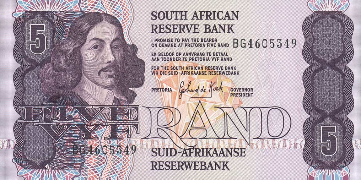 Front of South Africa p119d: 5 Rand from 1989