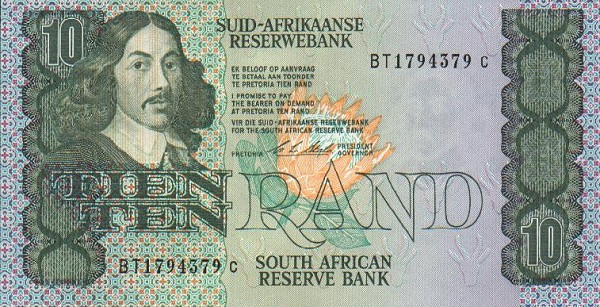 Front of South Africa p120e: 10 Rand from 1990