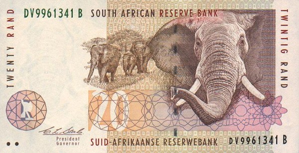Front of South Africa p124a: 20 Rand from 1993