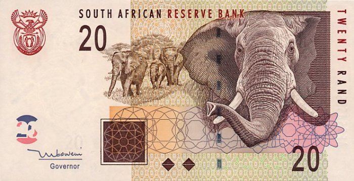 Front of South Africa p129a: 20 Rand from 2005