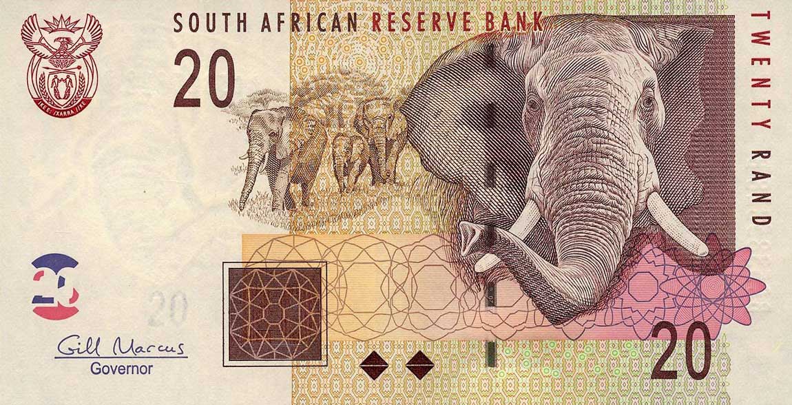 Front of South Africa p129b: 20 Rand from 2005