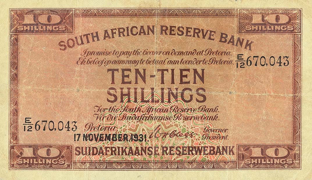 Front of South Africa p82b: 10 Shillings from 1931