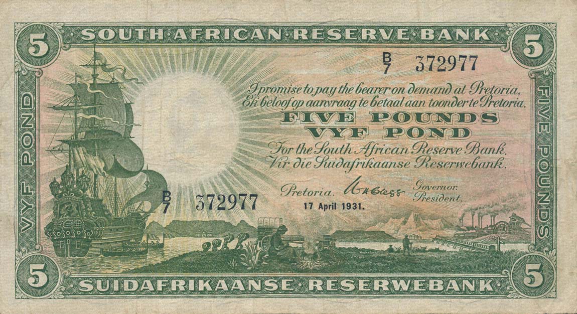 Front of South Africa p86a: 5 Pounds from 1929