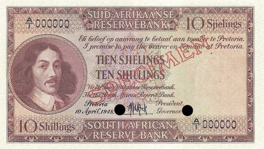 Front of South Africa p91s: 10 Shillings from 1948