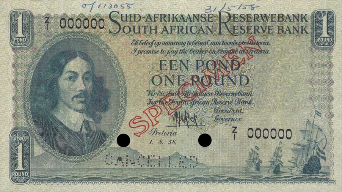 Front of South Africa p93s: 1 Pound from 1949